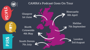 A map of the UK showing the locations of CAMRA's Podcast tour